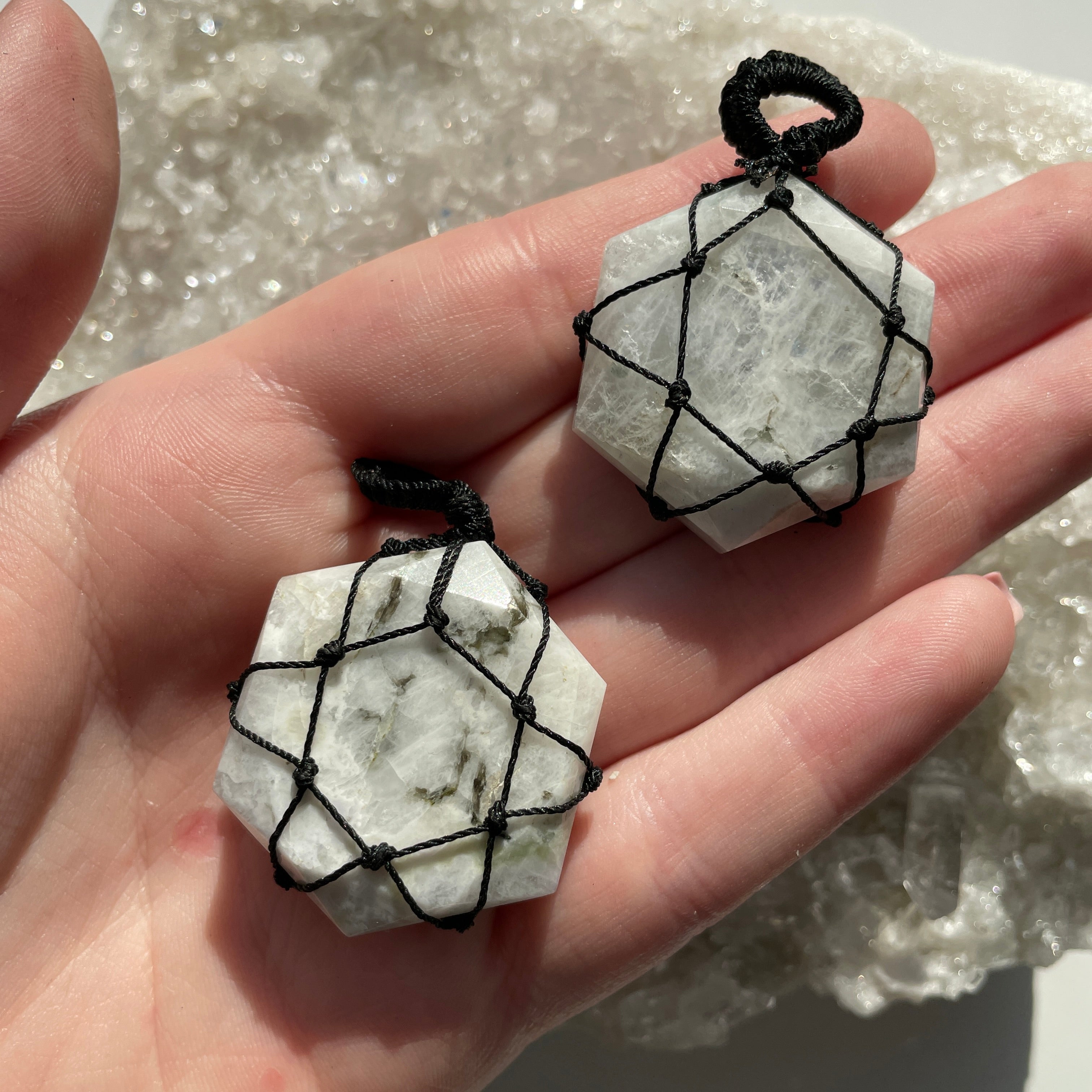 Rainbow Moonstone - Macrame Wrapped Hexagonal Pendant Rainbow Moonstone - Macrame Wrapped Hexagonal Pendant